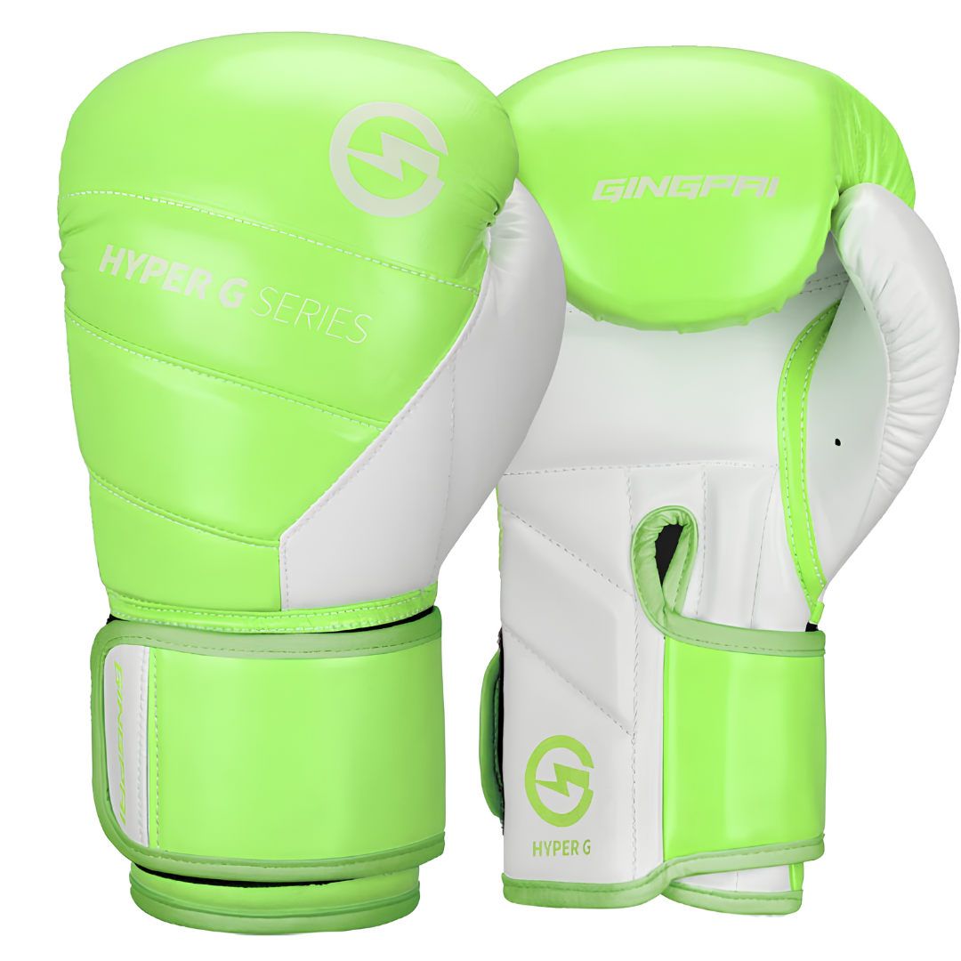 Green Hyper G Series boxing gloves, ergonomic design for optimal comfort and performance.