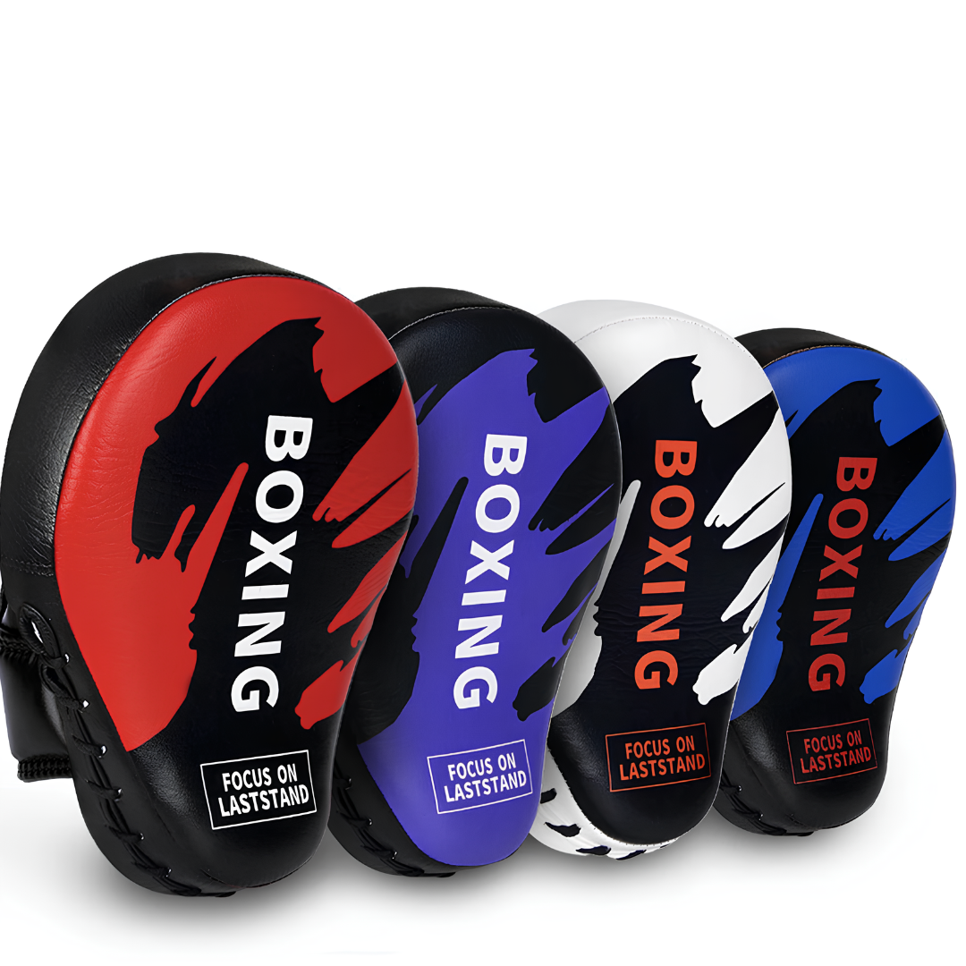 Set of professional boxing mitts in various colors: Red, Purple, White, and Blue, ideal for intense training and combat sports.