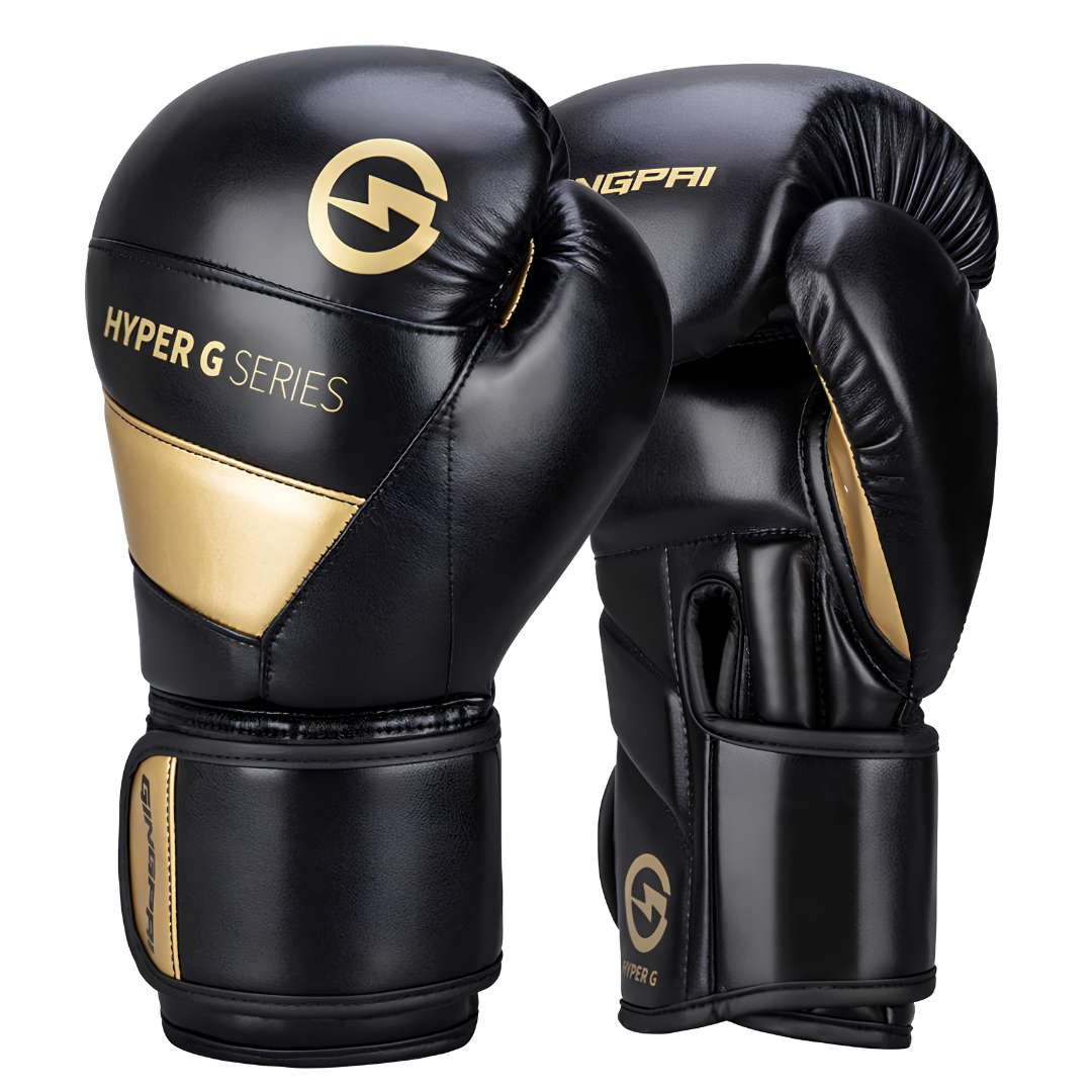Black Hyper G Series boxing gloves with reinforced protection, perfect for kickboxing, Muay Thai, and MMA.