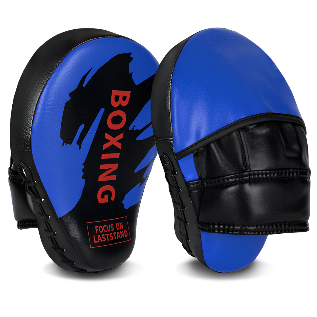 Professional blue and black boxing mitts with ergonomic design, ideal for intense boxing training and combat sports.