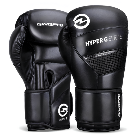 A pair of black Hyper G Series boxing gloves made from PU leather, ideal for intense training and competitions.