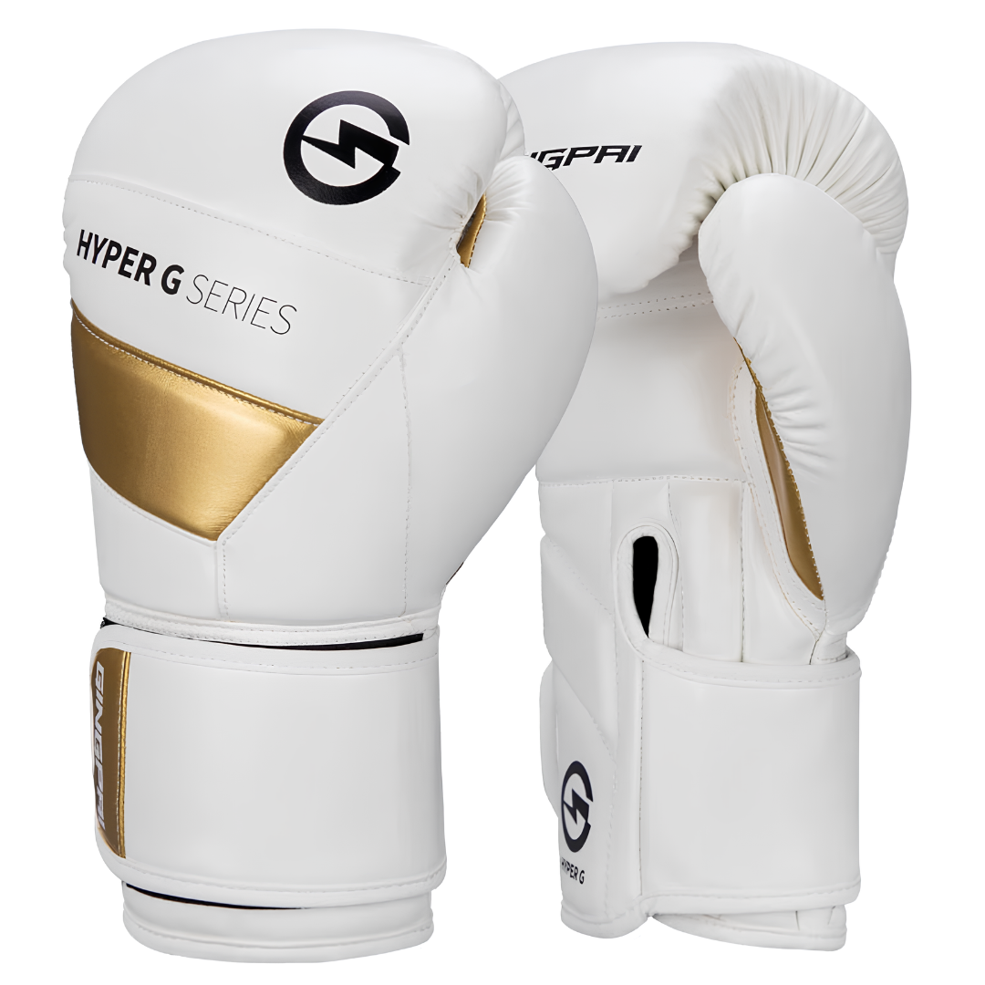 White Hyper G Series boxing gloves with golden accents, perfect for beginners and professionals.