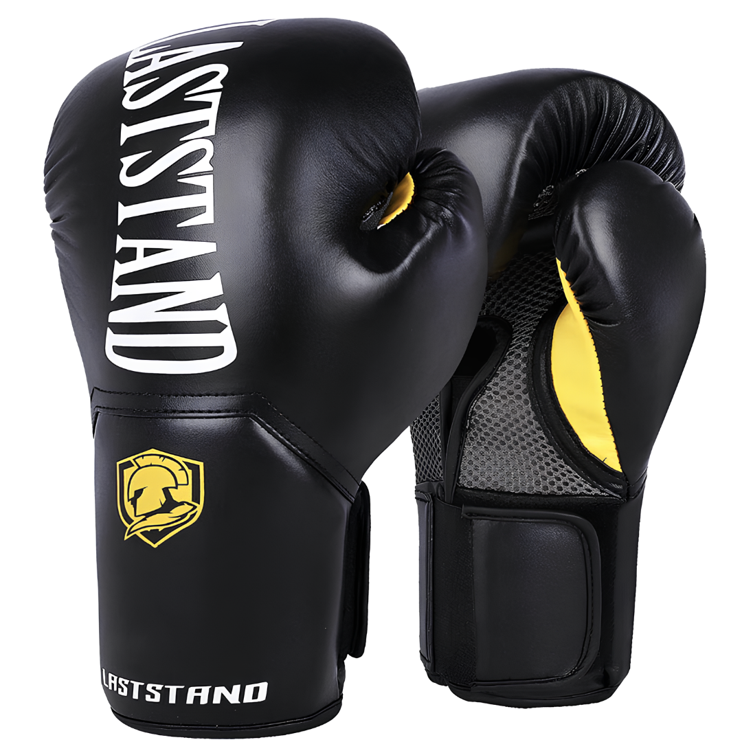 Black boxing gloves with yellow accents, ideal for children and adults, suitable for training and competition.