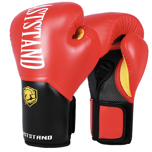 Red boxing gloves with yellow details, ideal for children and adults, perfect for intense training.