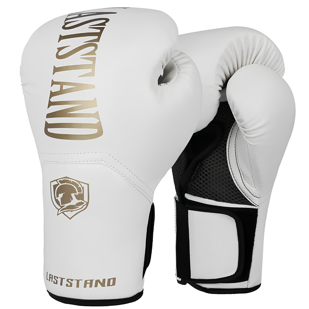 White boxing gloves with golden details, ideal for professionals and beginners.