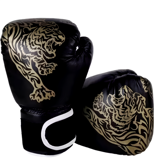 Black boxing gloves with a golden tiger pattern, ideal for intense training, made from PU leather.