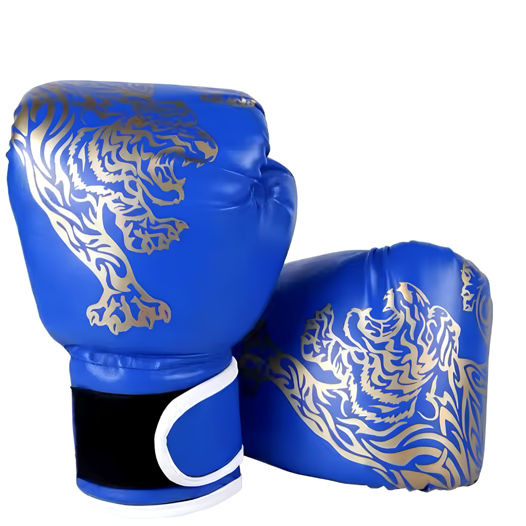 Blue boxing gloves with a golden tiger pattern, durable and breathable, ideal for boxing training.