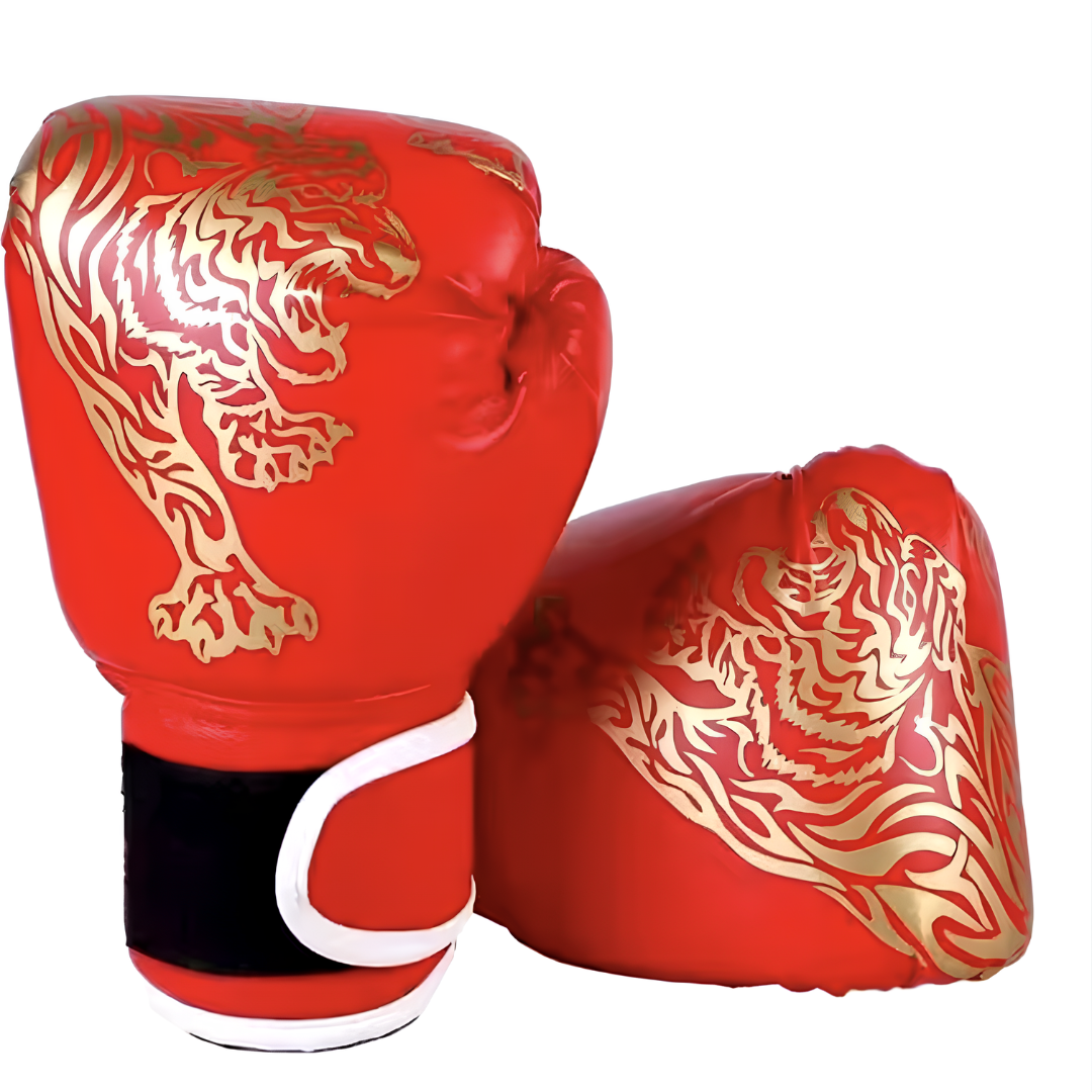 Red boxing gloves with a golden tiger pattern, ergonomically designed and made from high-quality PU leather.