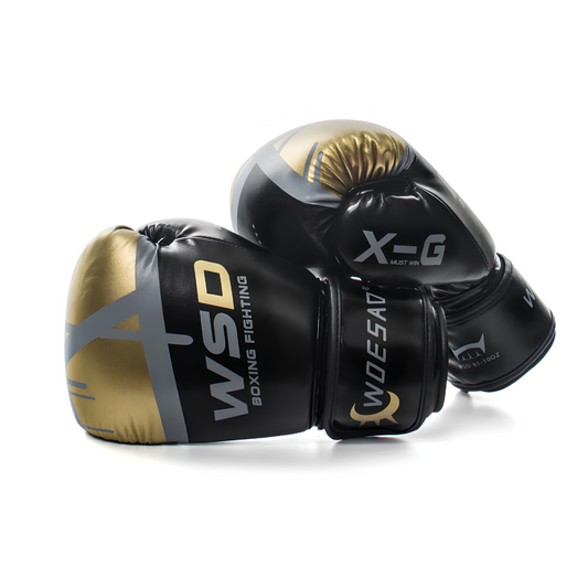 Elegant black and gold boxing gloves with a breathable design, ideal for intense training and competitions.