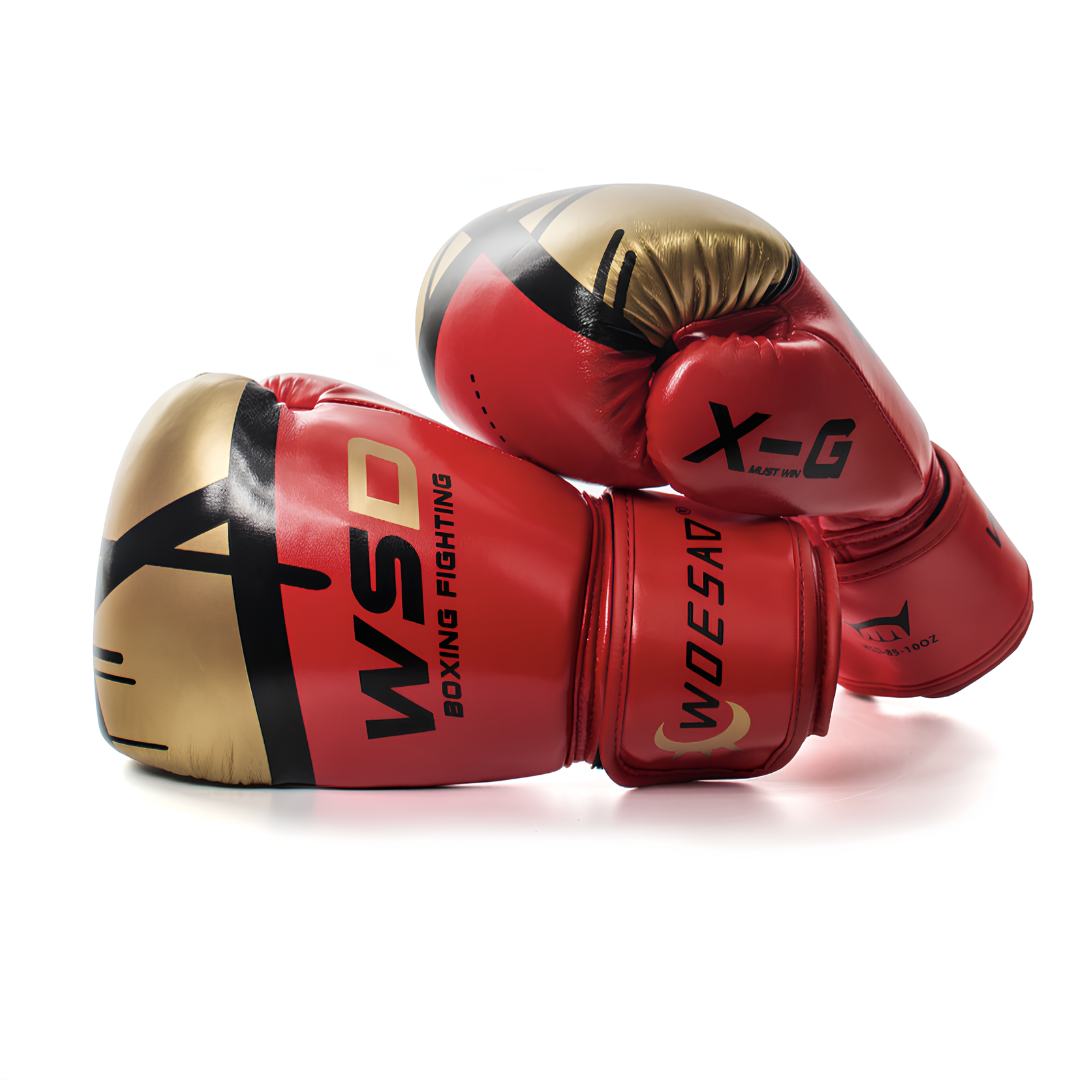 Red and gold boxing gloves with high-quality padding and adjustable Velcro strap for optimal support.