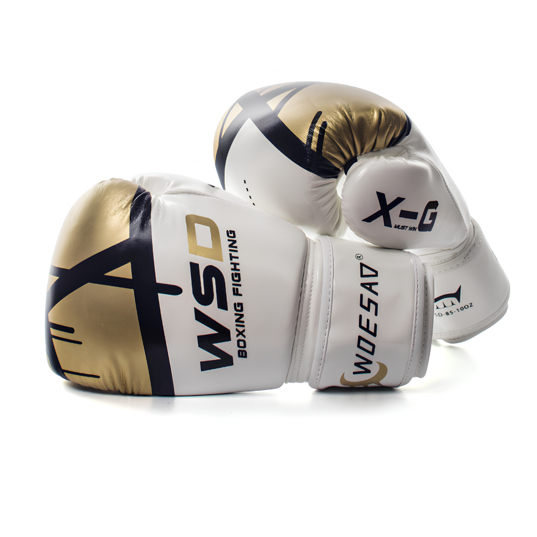 White and gold boxing gloves that combine functionality and style, perfect for boxing, MMA, and other martial arts.