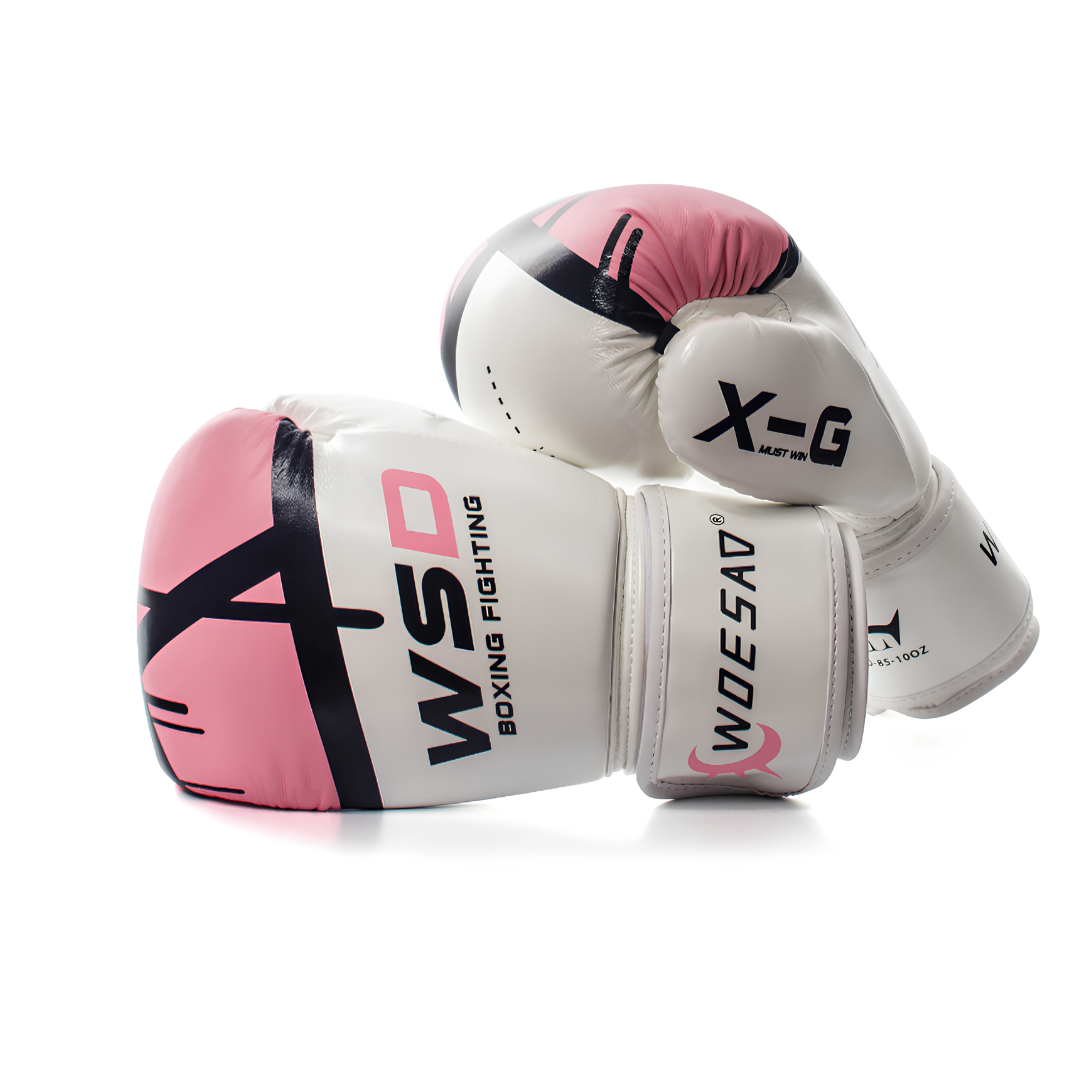 White and pink boxing gloves with strategically placed ventilation holes for maximum freshness during training.