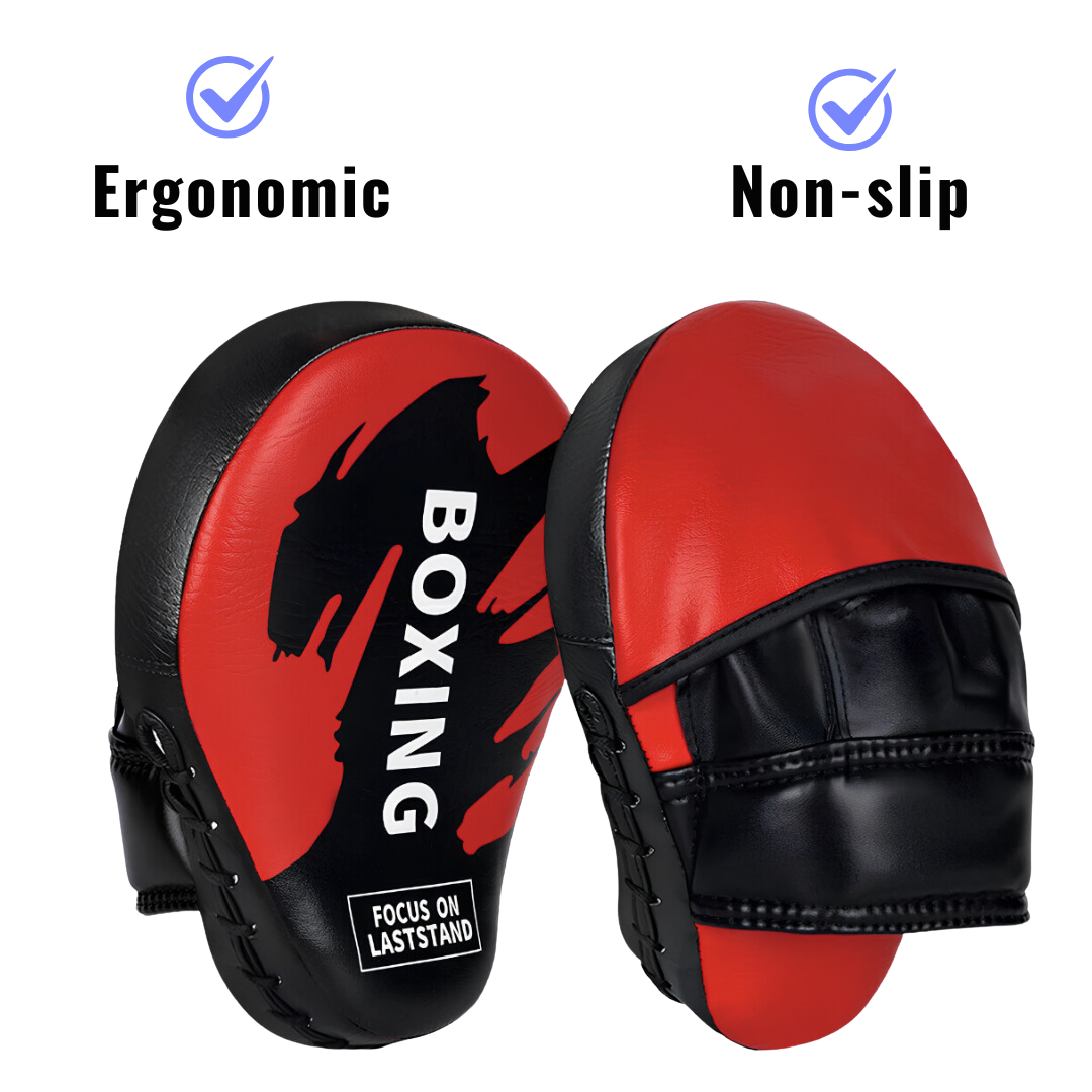 Red and black boxing mitts, ergonomically designed and non-slip, ideal for intense training and precise punching drills.