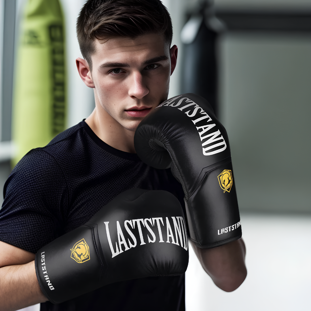 A person wearing black Laststand boxing gloves, perfect for training and competition, with ergonomic design and optimal protection.