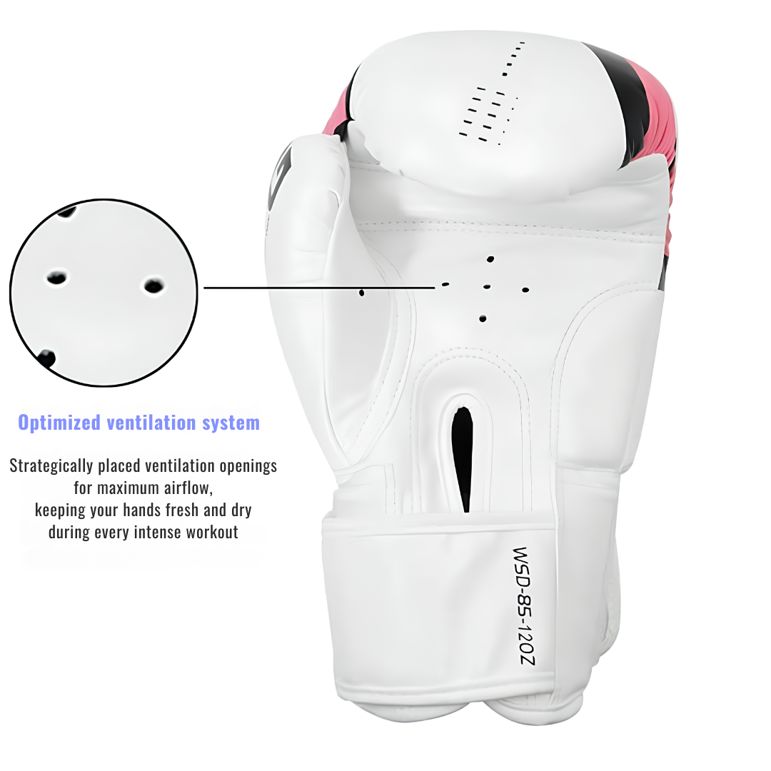 Boxing gloves with strategically placed ventilation holes, providing freshness during training.