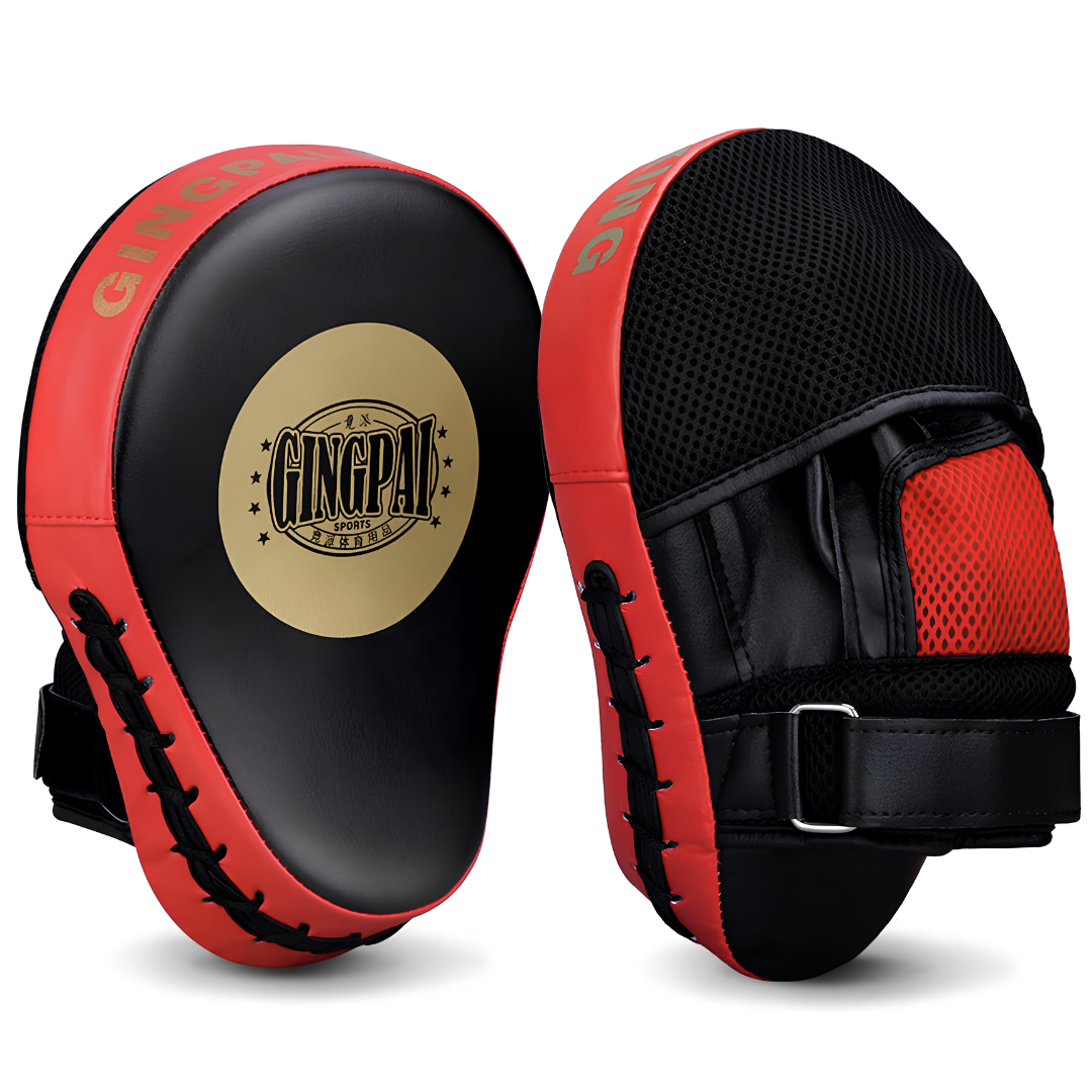 Professional black and red boxing mitts with ergonomic design, non-slip grip, and high-quality shock absorption, ideal for intense boxing and combat sports training.