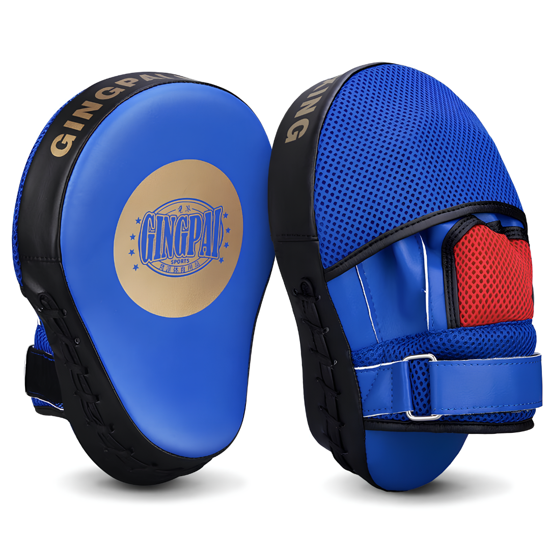 Professional blue boxing mitts with ergonomic design, non-slip grip, and high-quality shock absorption, ideal for combat sports training.