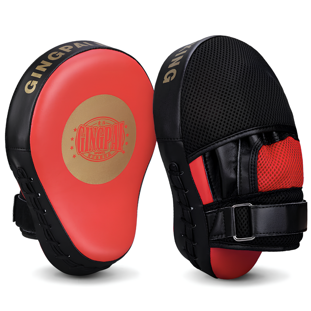 Professional red boxing mitts with ergonomic design, non-slip grip, and high-quality shock absorption, ideal for intense boxing and combat sports training.