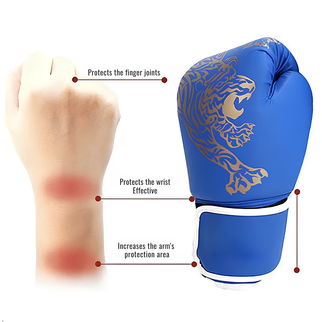 Illustration of the protective function of boxing gloves: Effectively protects the wrist, knuckles, and arm.