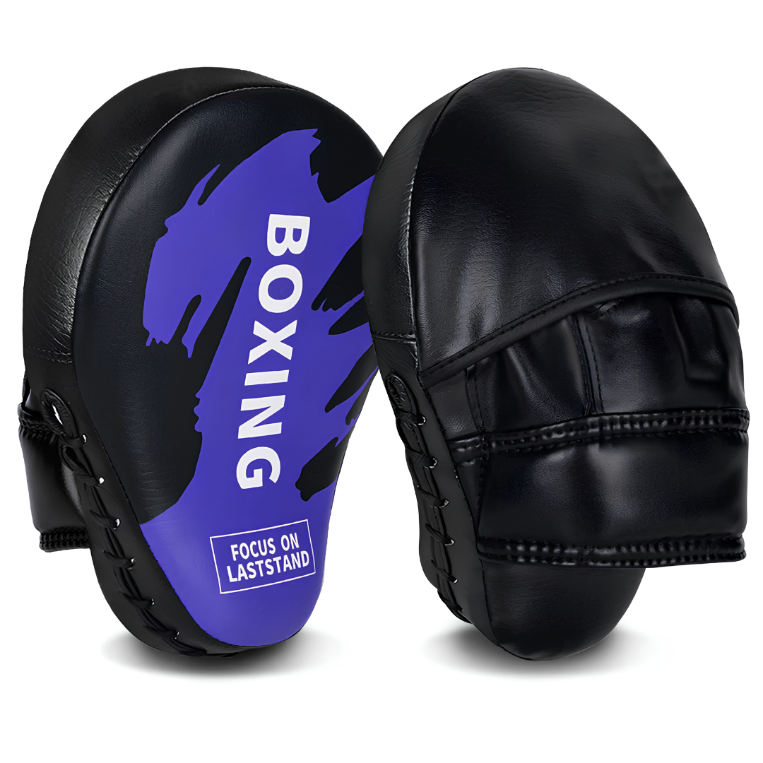 Professional purple and black boxing mitts with ergonomic design, ideal for intense boxing training and combat sports.