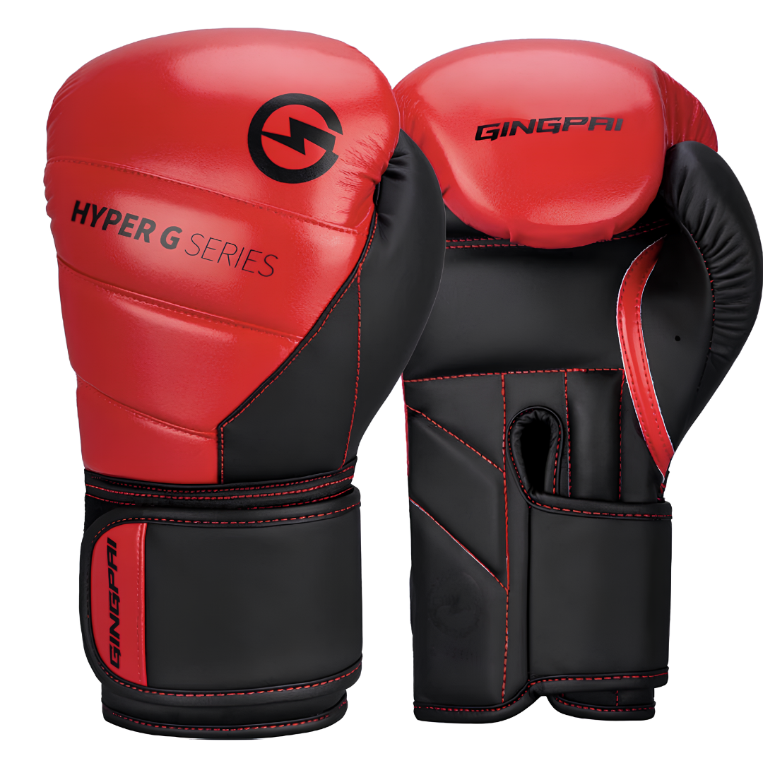 Red Hyper G Series boxing gloves with adjustable Velcro strap, perfect for professionals and amateurs.