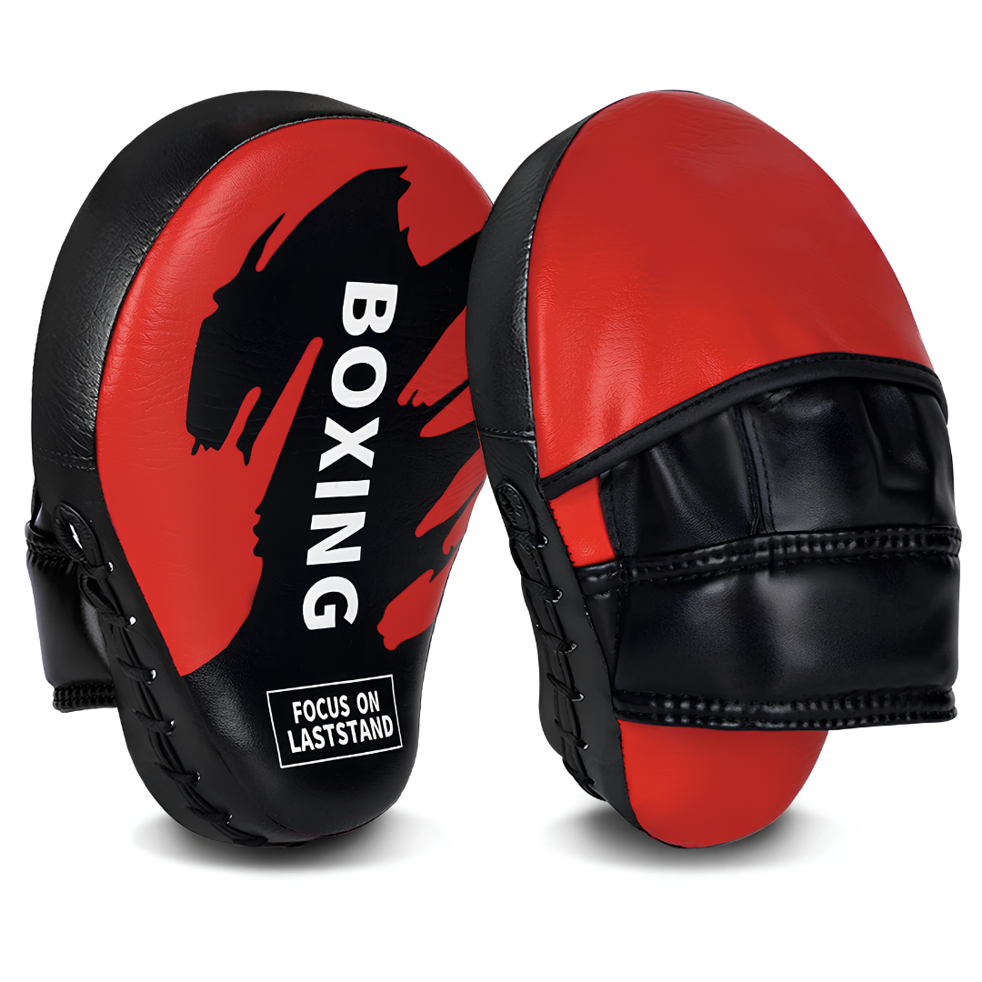 Professional red and black boxing mitts, ideal for precise training and intense combat sports exercises.