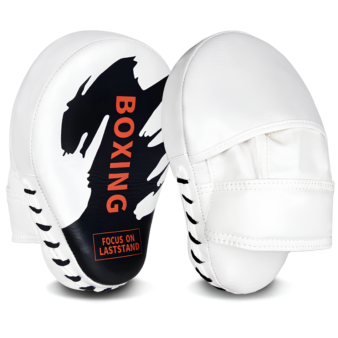 Professional white boxing mitts with ergonomic design, ideal for precise and intense boxing training as well as combat sports.